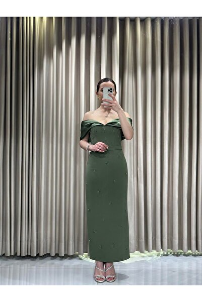 Kaleiçi Yıldızlar HAKİ Kayık Yaka Boncuk İşlemeli Midi Abiye Elbise 5431