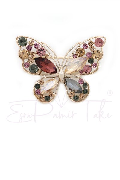 Esra Pamir Pembe Ve Kehribar Renk Taşlı Gümüş Renk Kelebek Broş