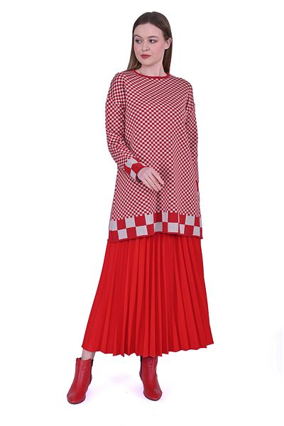 Invee Invee 6873 Cube Pattern Red Knitwear Tunic