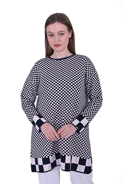 Invee Invee 6873 Cube Pattern Navy Blue Knitwear Tunic
