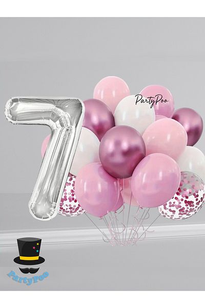 PartyPoo Silver Number Foil Pink Balloon Set 15Pcs Birthday Balloon Set Transparent Balloon Metallic Balloon