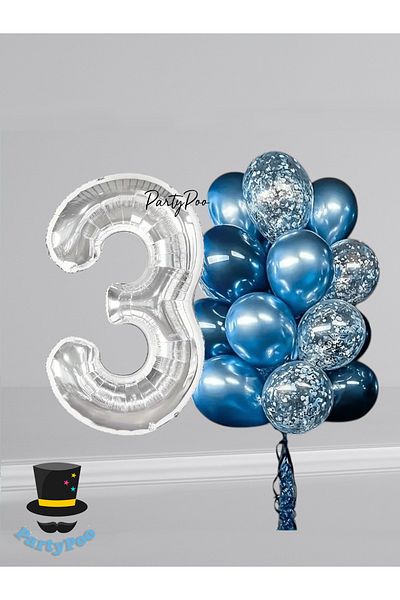PartyPoo Silver Number Foil Blue Balloon Set 15Pcs Birthday Balloon Set Transparent Balloon Metallic Balloon