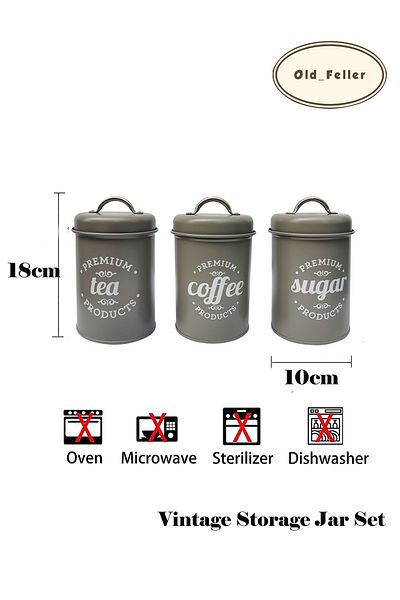 Old_Feller 3-Piece Vintage Metal Canisters - Airtight Coffee/Tea/Sugar Storage, Decorative Kitchen Jars