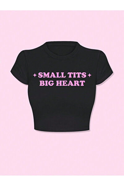 EVIus Kadın Small Tits Big Heart Baskılı Tee Crop