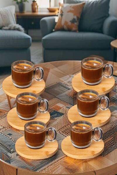 MEDUSHOP 6 Adet Kulplu Çay-Kahve Fincanı Cam Salvador Çizgili ( 1 Adet 160 ML )