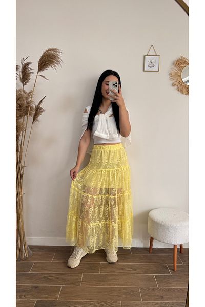DUSOHOME Lace Maxi Skirt Lined Tulle Skirt