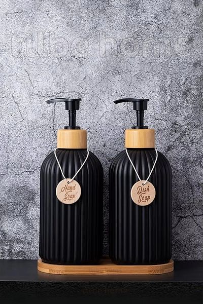 Tilbe Home Σετ 2 Πιάτα Χεριών Μαύρο Διακοσμητικό Κουζίνας Μπάνιου Υγρό Γυάλινο Σετ Σαπουνιού 500ml Σετ με βάση μπαμπού