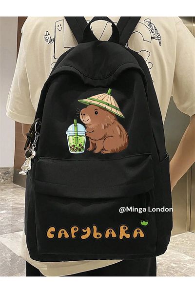 weywot Black Capybara Bubble Tea Double Printed School, Classroom, Course Backpack