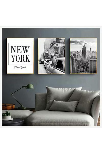 Linacci 3-Piece Gold Metal Frame City America Real Glass Painting Set