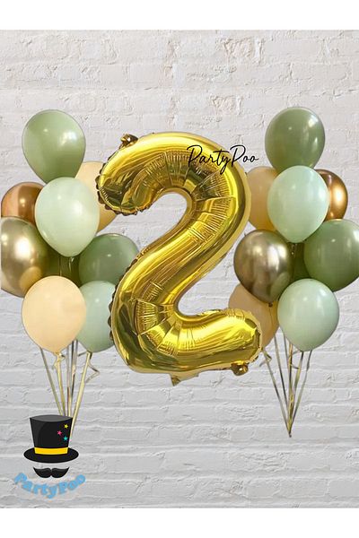 PartyPoo Gold Number Foil Green Balloon Set 15 Birthday Balloon Set