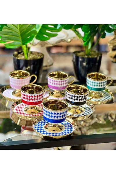 Onedekor Set of 6 Porcelain Luxury Colorful Houndstooth Coffee Cups