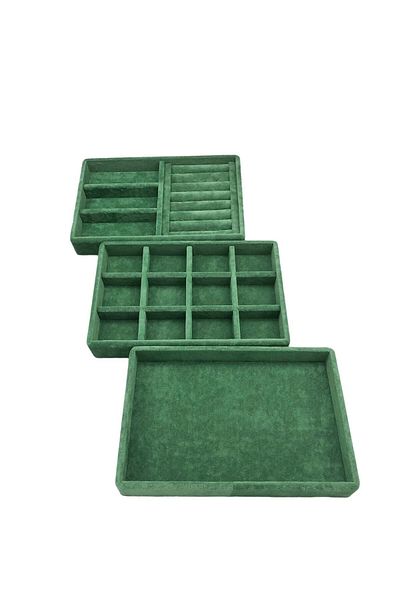 MeGass Dekor Domestic Production Suede Fabric Green Color 3-Piece Set Jewelry Stand Inside Drawer
