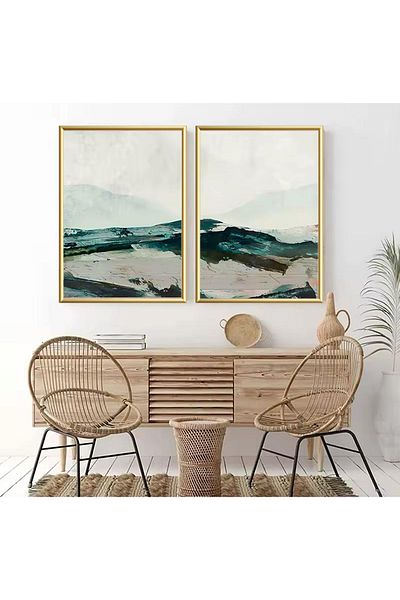 Linacci Set of 2 Gold Metal Framed Green Abstract Real Glass Painting