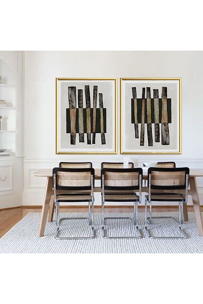 Linacci Set of 2 Gold Metal Framed Abstract Black Real Glass Painting