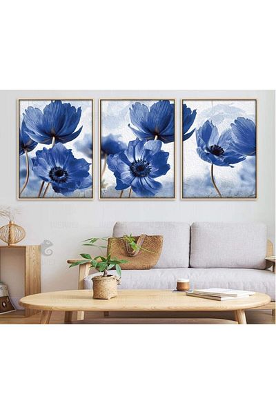 Linacci Triple Gold Metal Frame Blue Flower Real Glass Painting Set