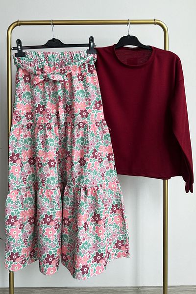 Bold Grup Women's Cherry Floral Layered Skirt Blouse Belted Double Set