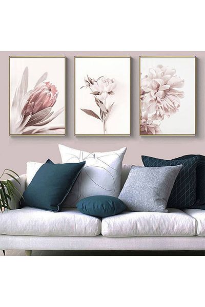 Linacci 3-Piece Gold Metal Frame Soft Flower Real Glass Painting Set