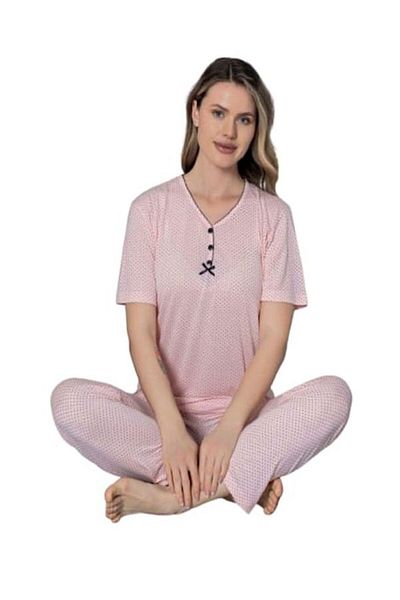 Manolya Women's Viscose Half Button Pink Polka Dot Short Sleeve Summer Pajamas Set