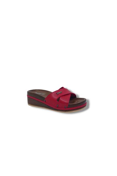 Zerhan Parmi 24305 Women's Red Cross Band Wedge Heel Slippers