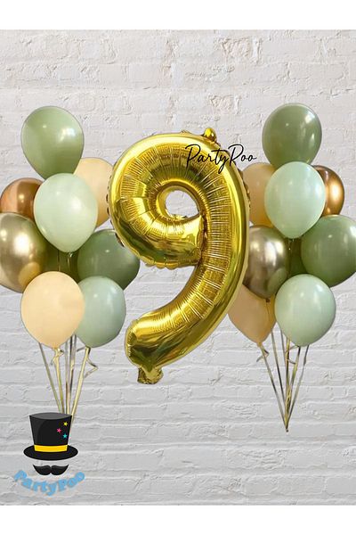 PartyPoo Gold Number Foil Green Balloon Set 15 Birthday Balloon Set