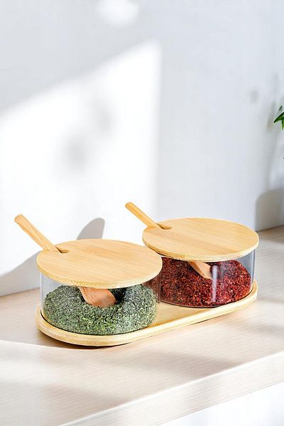 Mirilliahome Set of 2 Bamboo Lid Glass Spice Shakers - Salt Shaker Pepper Shaker Spice Set with Bamboo Spoon Stand