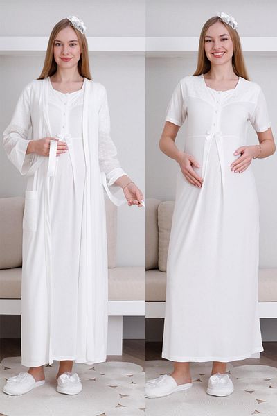 Lohussa Women's Ecru Special Design Lace Maternity Dressing Gown Nightgown Set with Dressing Gown