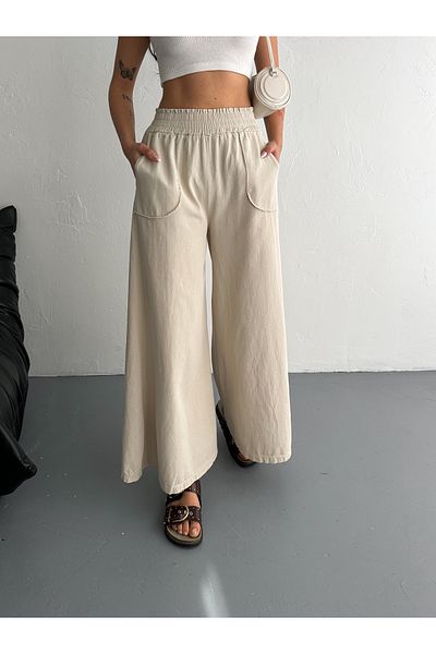 sportiness Gabardine Fabric Wide Leg Pants with Elastic Waist