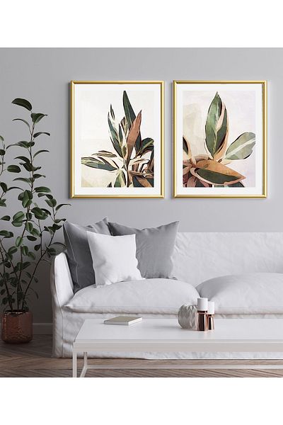 Linacci Set of 2 Gold Metal Framed Abstract Plant Real Glass Painting