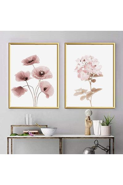 Linacci Set of 2 Gold Metal Framed Pink Flower Real Glass Table