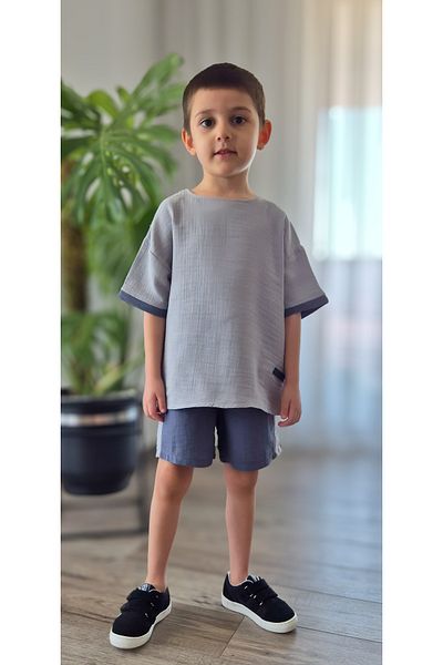 My Baby's World Smoked-Grey Natural Muslin Fabric Boy's Garnished Shorts Summer Suit Mtye0083
