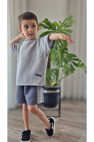 My Baby's World Smoked-Grey Natural Muslin Fabric Boy's Garnished Shorts Summer Suit Mtye0083