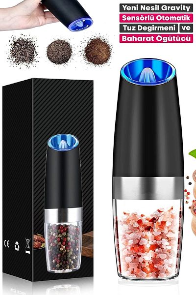 Tilbe Home Gravity Automatic Pepper Salt Mill 5 Stage Spice Grinder with Led Light Ceramic Blade