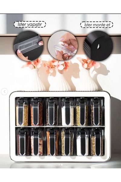 Leony 12-Chamber Spice Rack Set with Stand, Self-Adhesive Spoon and Handle