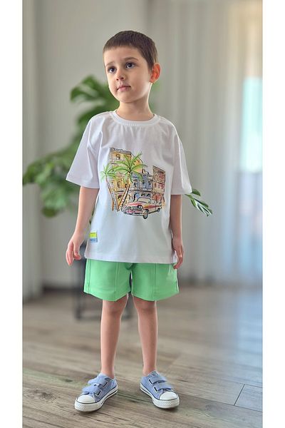 My Baby's World Vintage Car T-Shirt Green Shorts Boy Cotton Summer Suit Mtye0082