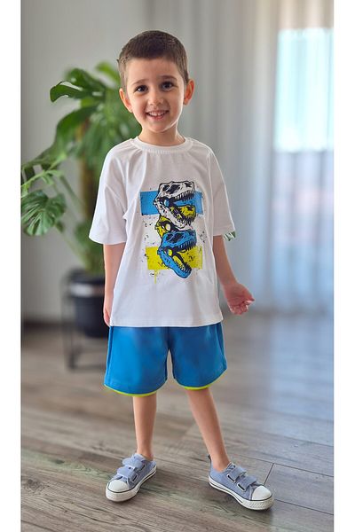 My Baby's World Dinosaur Heads Blue Shorts - Oversize T-Shirt Boys 100% Cotton Summer Suit Mtye0081