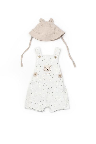 Magu Baby Boy Muslin Ecru Dotted Straps Rompers and Eared Hat Set