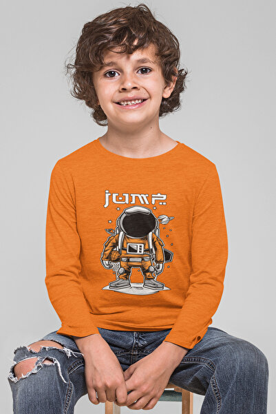Bubuga Erkek Çocuk Uzay Astronot Desenli Turuncu Uzun Kollu %100 Pamuk Tişört