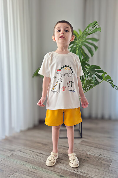 BALKABAĞI Dinosaur Bloods and Shorts/Stone Tshirt for 2 Sets Boys Piping Detailed Mtye0026