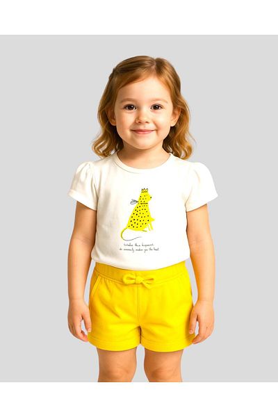 LİTTLE TORTOİSE Baby Girl Stone Embroidered Tiger Pattern Crew Neck T-Shirt Pocket Detailed Shorts Set