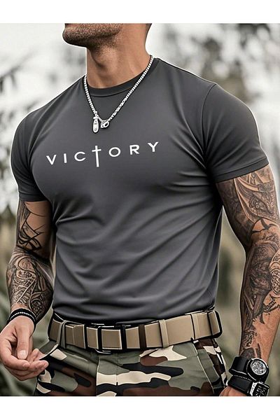 VBSVİBES تي شيرت مدخن من قماش جيرسي واحد مطبوع عليه Victory - تي شيرت كبير الحجم برقبة دائرية