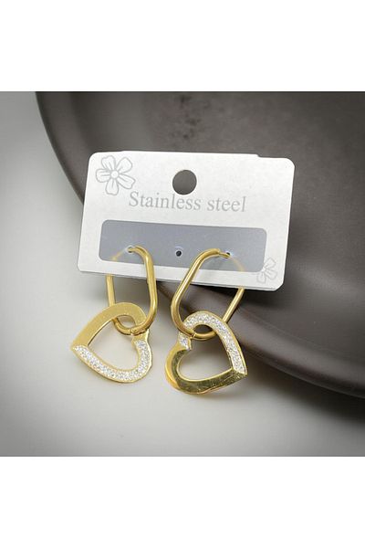 FM Exquisite Heart Design Gold Color 316L Steel Earrings - Enhance Your Elegance with Sparkling Stones
