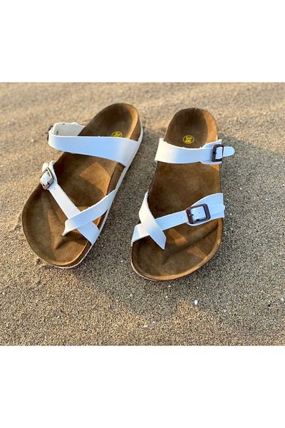 İpek Silk Women's White Cork Sole Head Flip Flops Daily Beach Seaside Slippers