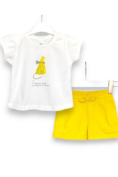 LİTTLE TORTOİSE Baby Girl Stone Embroidered Tiger Pattern Crew Neck T-Shirt Pocket Detailed Shorts Set