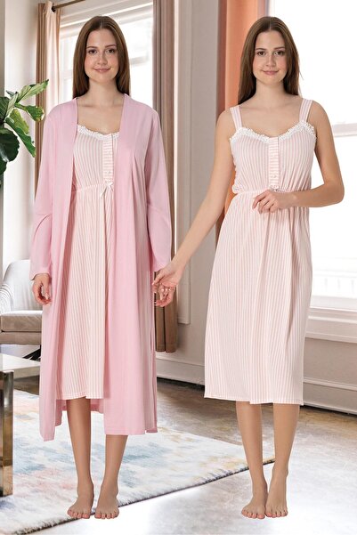 BLACKMORE طقم ثوب نوم للحوامل مخطط بحزام بودرة للنساء مكون من قطعتين