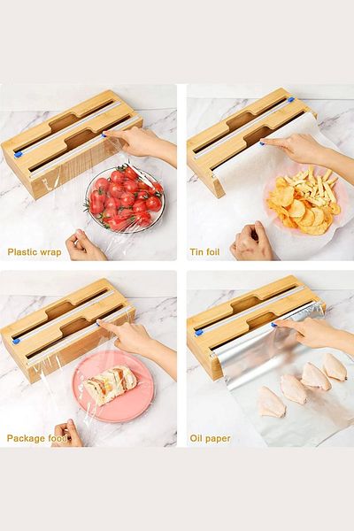 Tilbe Home Bamboo Stretch Cutter with 2 Compartment Lid Hangable Cling Film Foil Bin Kitchen Pantry Organizer