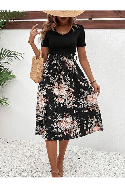 JANES Women's Black Floral Print Short Sleeve Casual Summer Dress