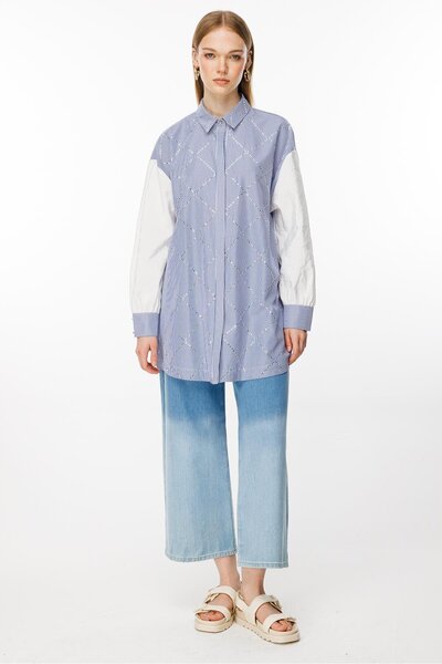 Ghisa Taş Detaylı Çizgili Tunik Koyu Mavi Beyaz