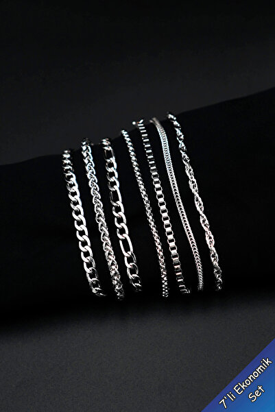 TREND COLLECTİON Spor Model 7'li Gümüş Renk Klasik Tarz Erkek Bileklik Seti