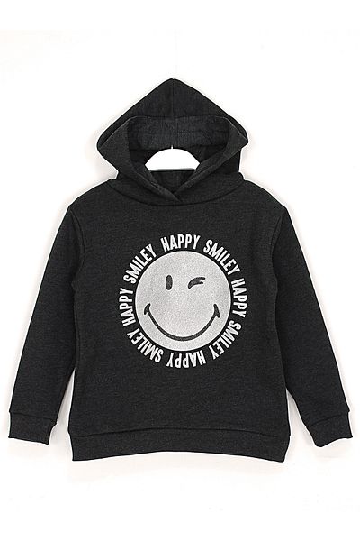 DobaKids Winter Long Sleeve Smile Printed Girl's Black Hooded Sweatshirt