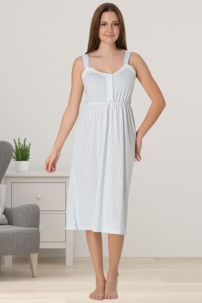 BLACKMORE Women's Blue Striped Maternity Nightgown-Robe and Pajama Set with Straps, 4-Piece Set